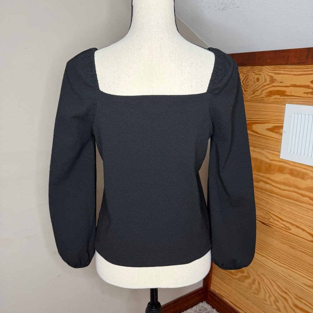 Madewell Crepe Square Neck Puff Sleeve Top True Black Extra Small XS AI514 - Picture 3 of 9